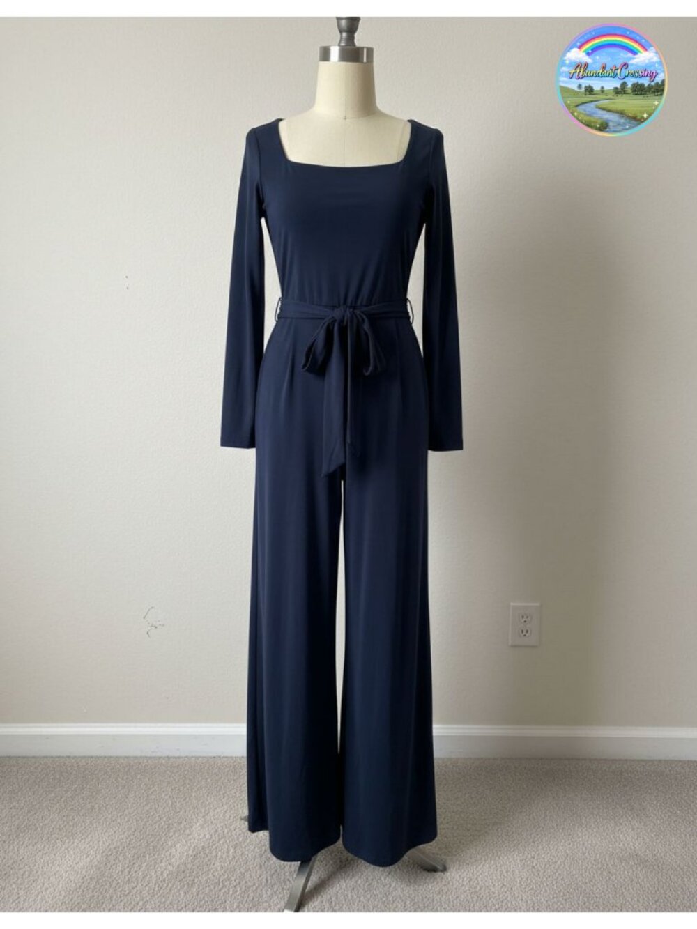 Women's Ribbed Wide Leg Jumpsuit Long Sleeve Square Neck Belted Pockets Dressy